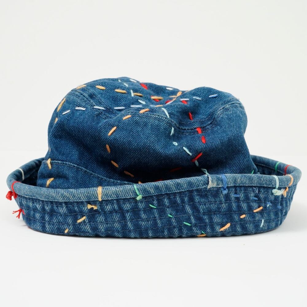 Hand-Stitched Sashiko Colorful Denim Bucket Hat Size S – Unique Artisan Hat - Picture 2 of 7